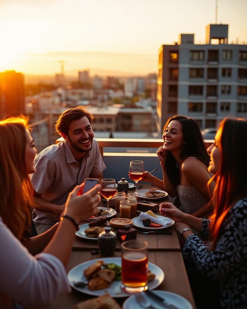 Friends laughing around a rooftop dinner table at sunset