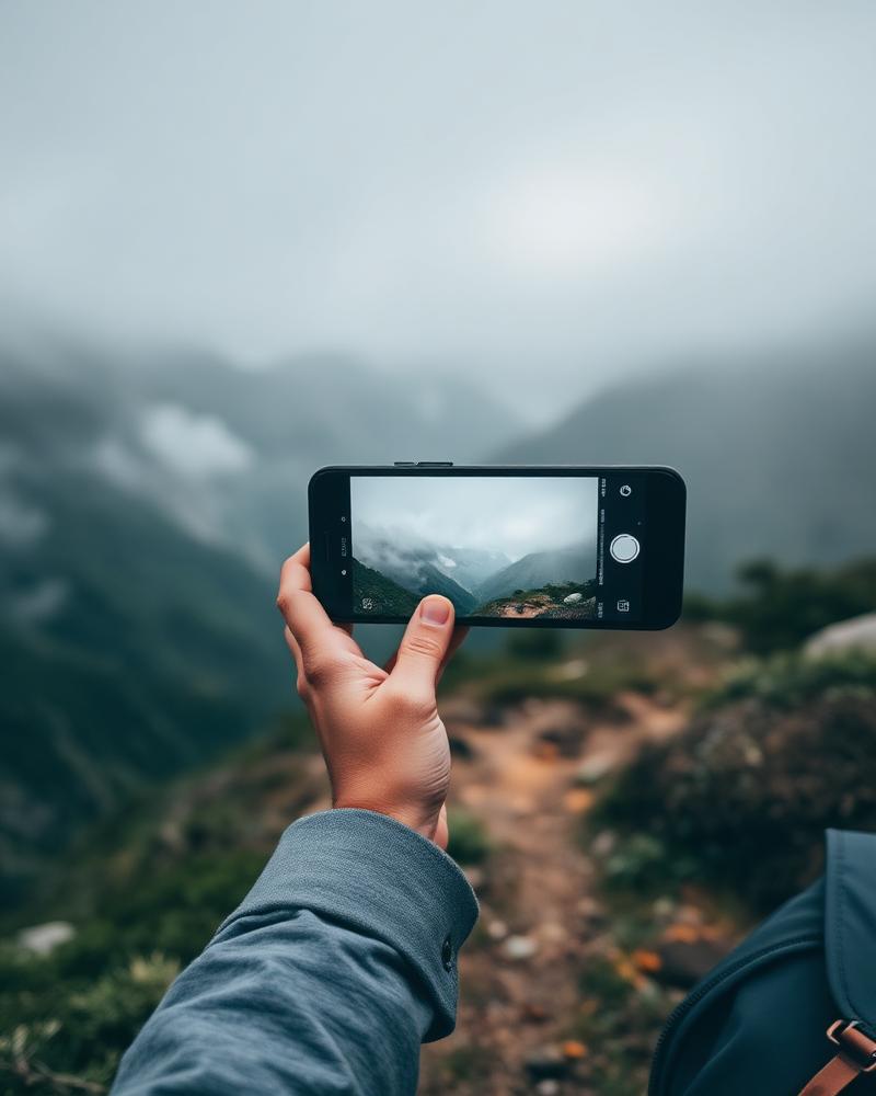 Hiker photographing a misty mountain valley with a phone