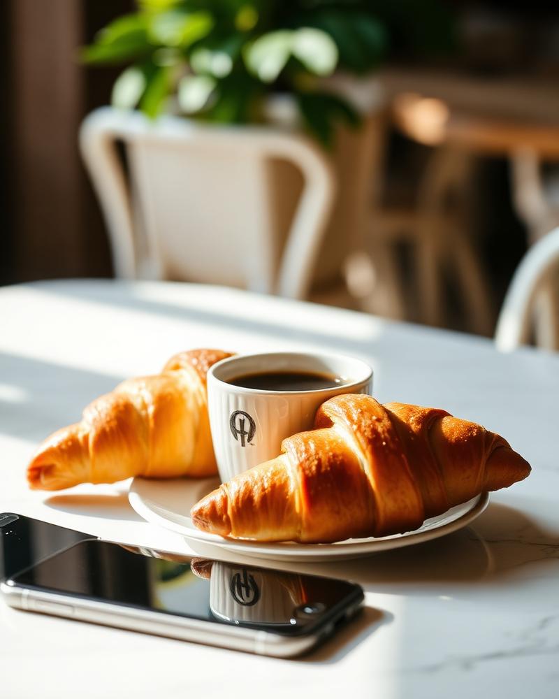 Coffee and croissants on a sunlit cafe table beside a phone