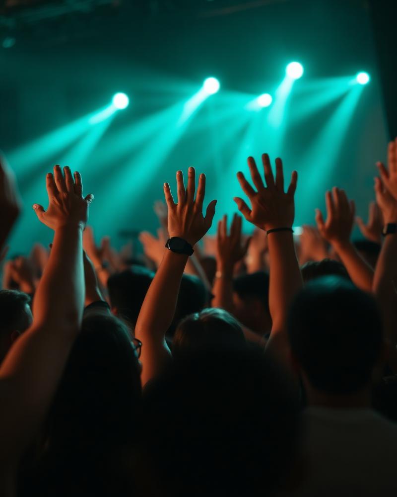 Concert crowd with hands raised under teal stage lights