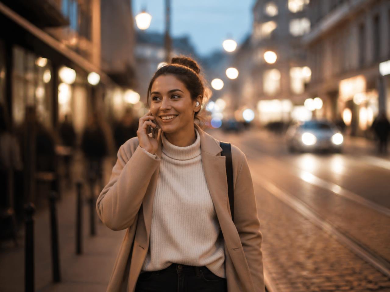 A woman taking a phone call on a city street in the evening