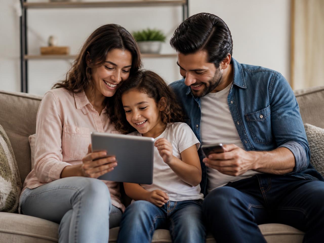 A family sharing a tablet and phone together at home