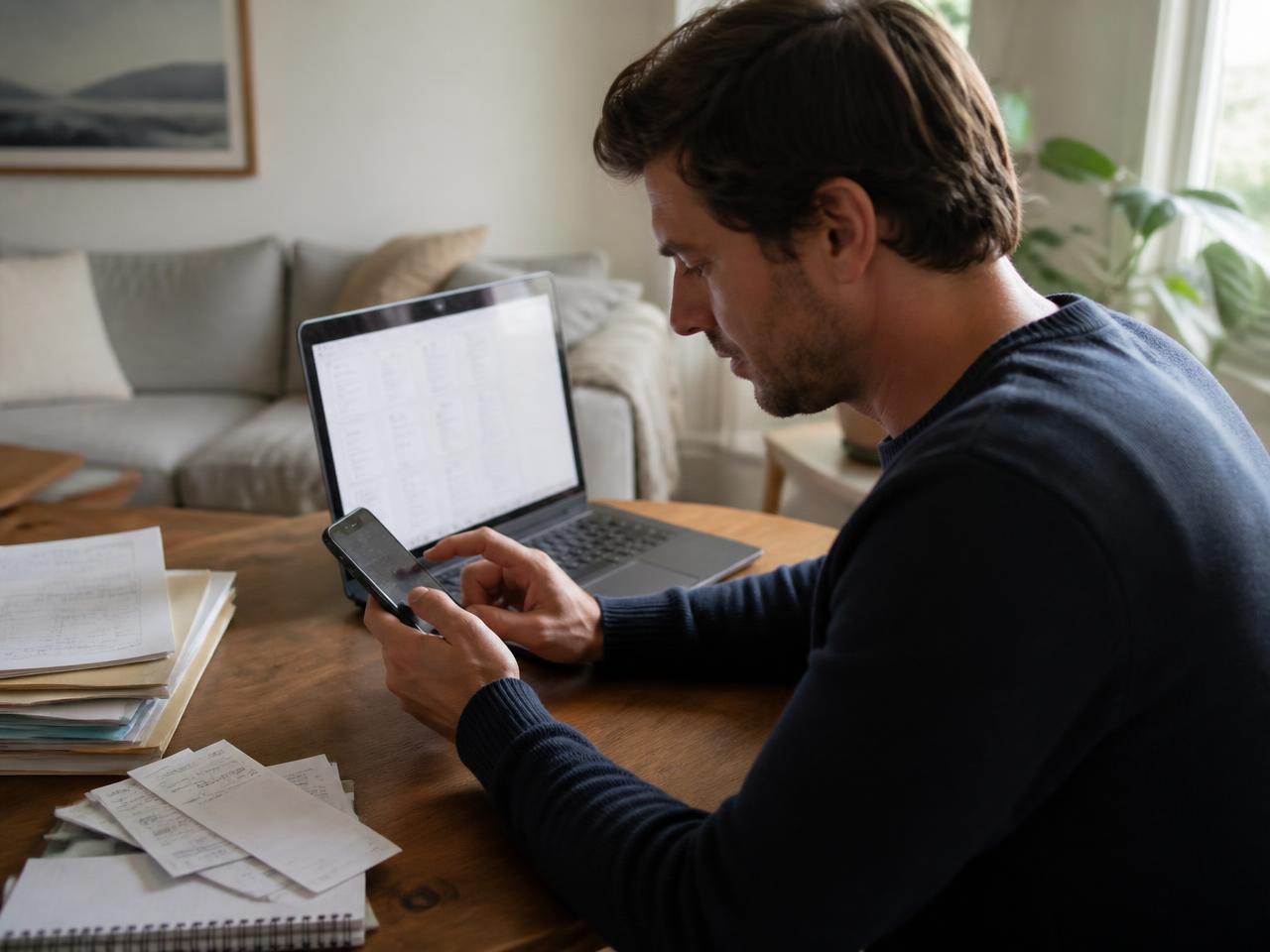 A man saving documents from his laptop to his phone at home